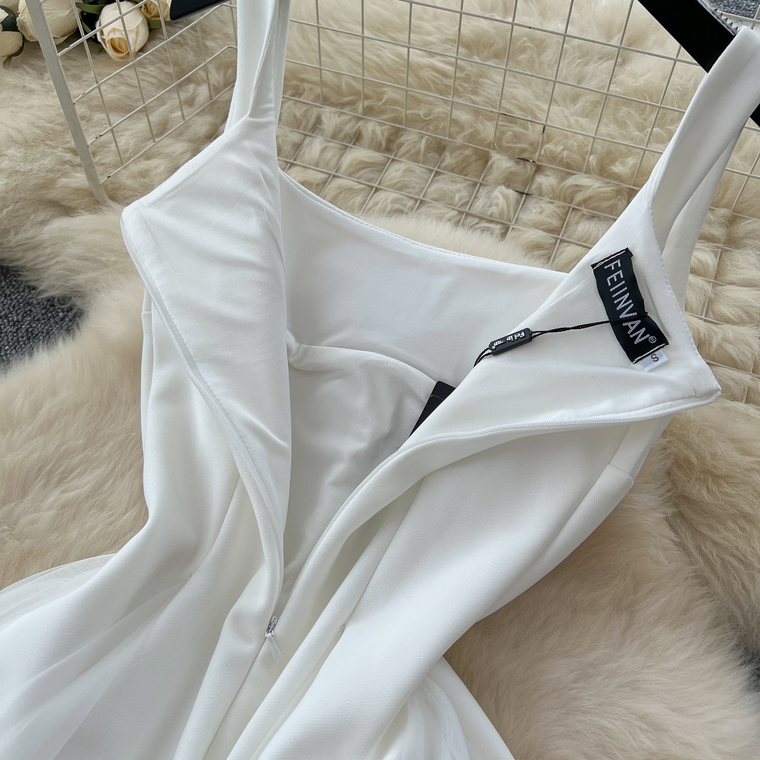 Women's Summer Square Neck Strap Mesh Patchwork Puffy Long Dress 13