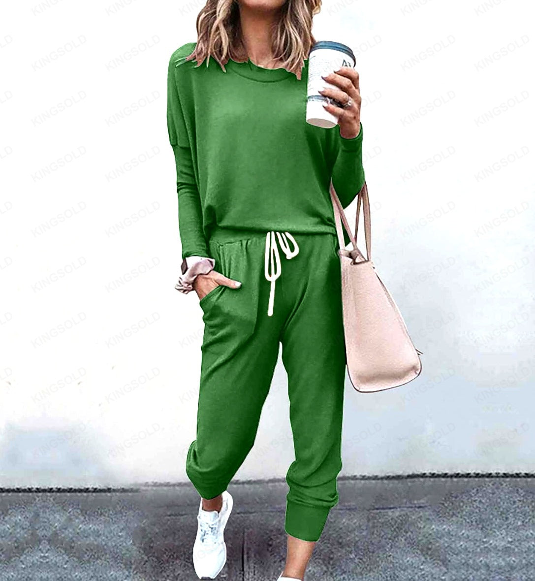 Women Loose Solid Long Sleeve Top and Pant Casual Two-piece Set 31
