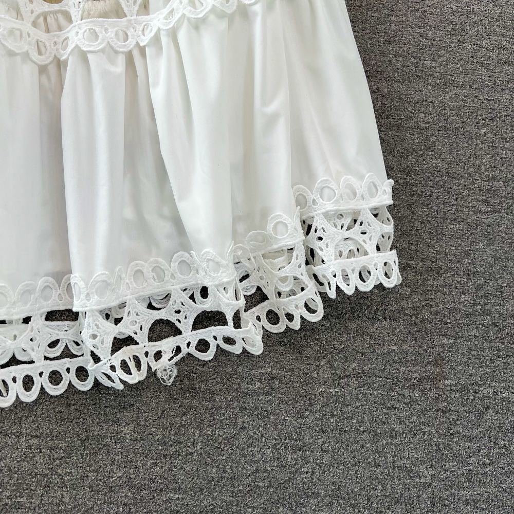 Spring Autumn Retro Chic Lantern Long Sleeve Lace Hollow Patchwork Round Neck Slim Waist Casual Dress 22