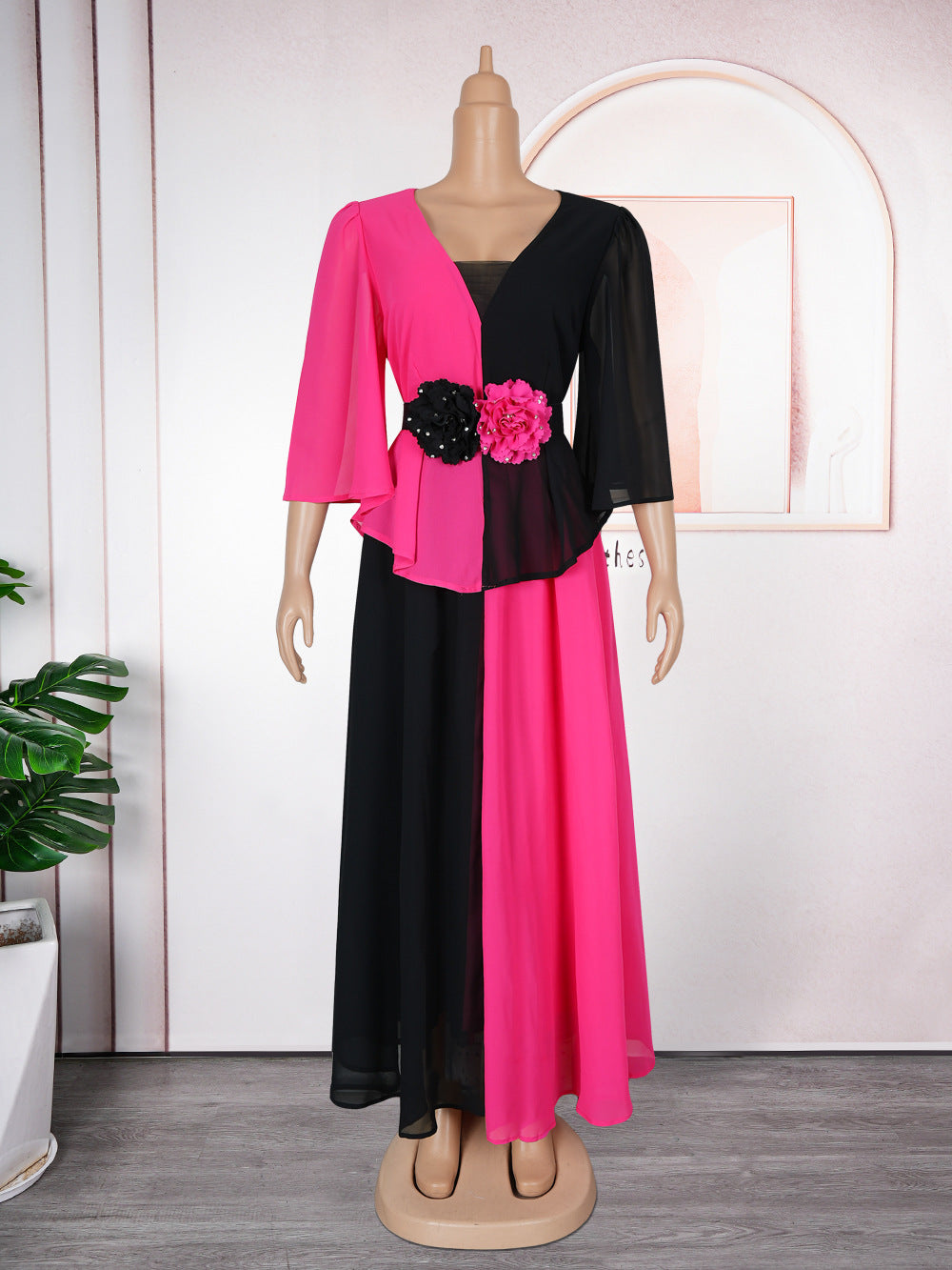 African Women's Elegant Plus Size Chiffon Patchwork Contrast Long Dress 8
