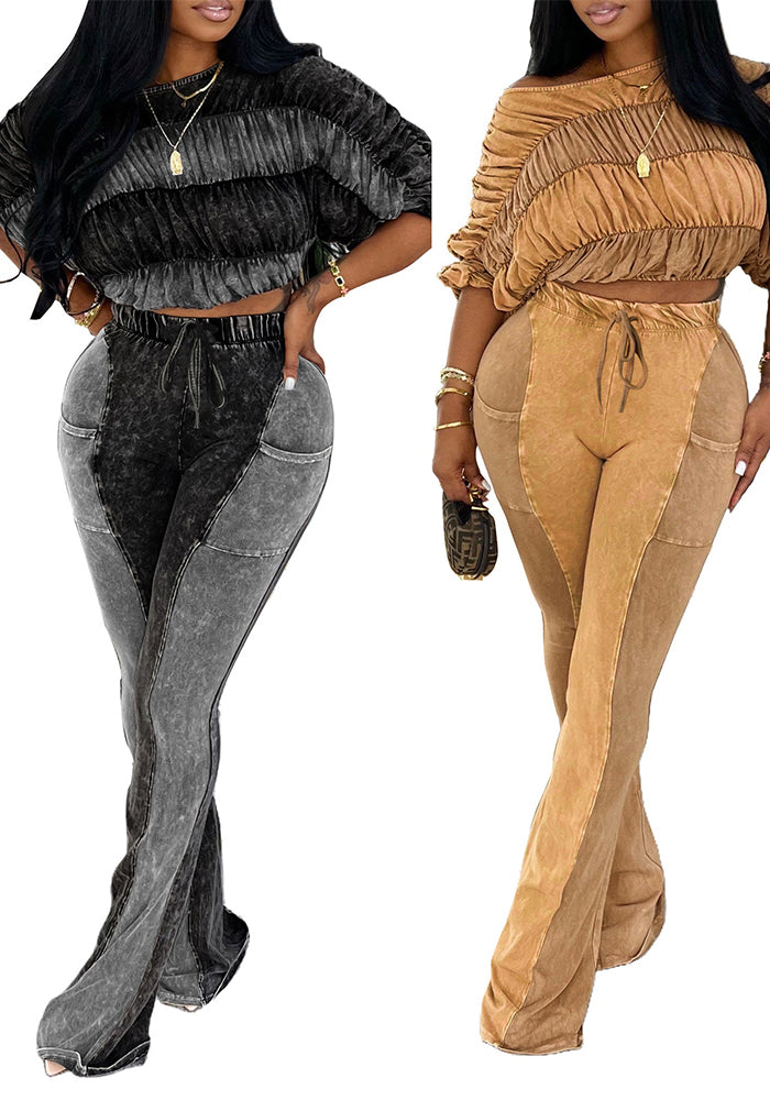 Women's Contrast Color Slim Stretch Top and Washed Long Pants Two-Piece Set