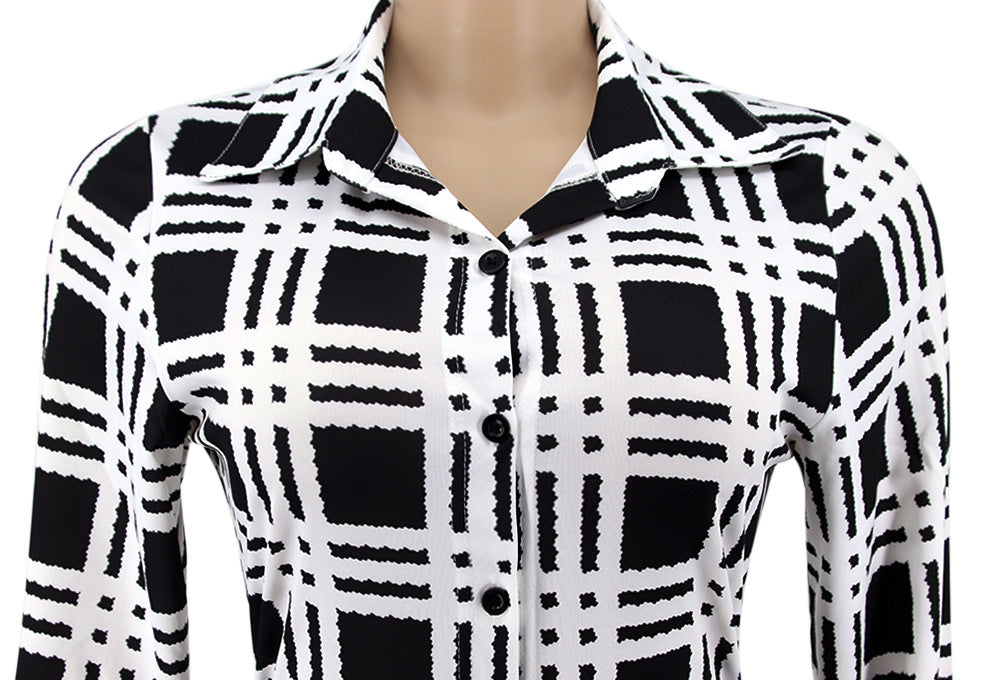 Fashionable Spring Turndown Collar Slim Puff Sleeve Women's Plaid Print Jumpsuit 19