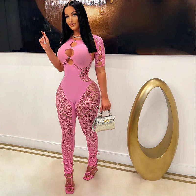 Women's Solid Color Halter Neck Short Sleeve Hollow Diamonds Sexy Slim High Waist Lace Jumpsuit 4