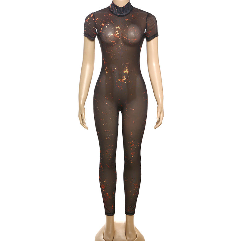Women Summer Street Trend Mesh See-Through Print Backless Jumpsuit 11