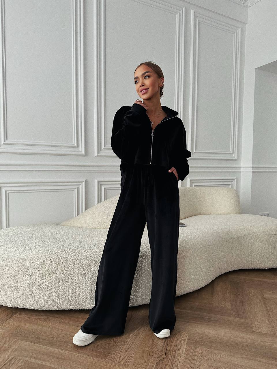 Autumn Velvet Long Sleeve Zipper Turndown Collar Top Elastic Waist Wide Leg Trousers Casual Two Sets For Women 8