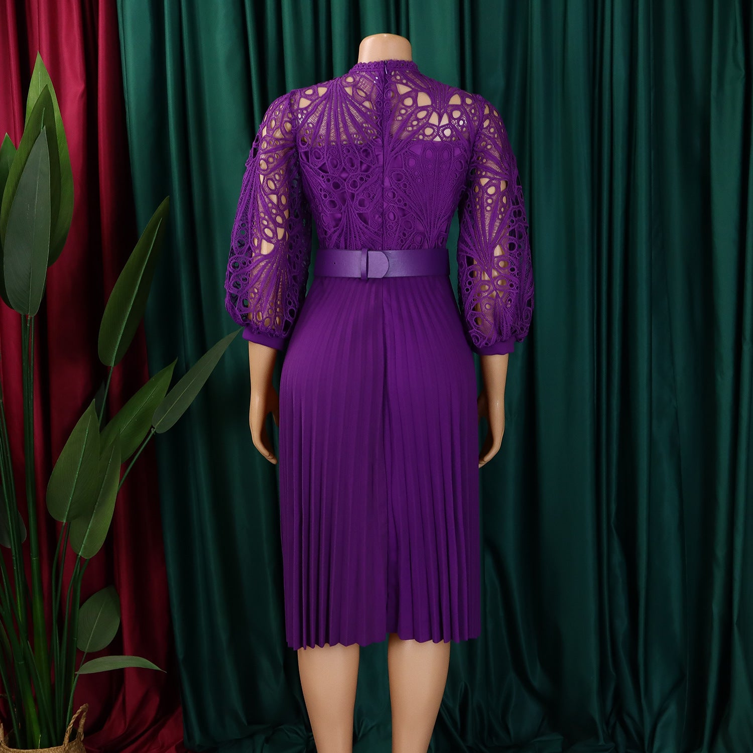 Women Solid lace hook flower hollow pleated dress 22