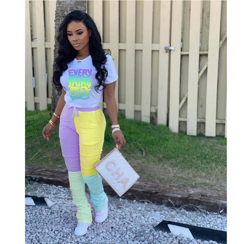 Women printed short-sleeved T-shirt and color-blocked trousers sports two-piece set 12