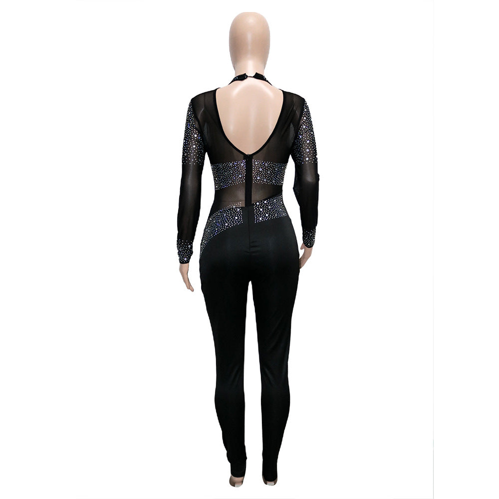 Women Sexy Mesh See-Through Beaded Long Sleeve Jumpsuit 8