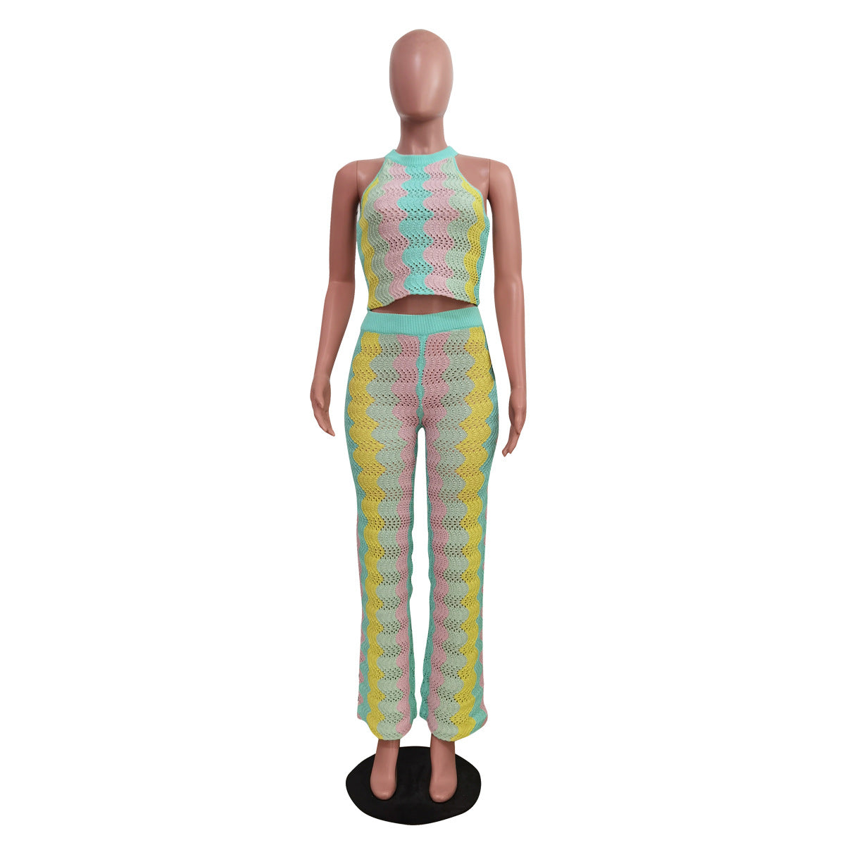 Women knitting sleeveless Top and Bell Bottom Pant two-piece set 5