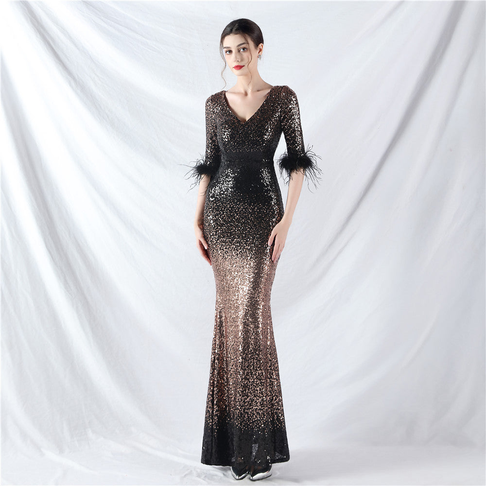Elegant V-Neck Short Lseeve Sequins Mermaid Plus Size Formal Party Evening Dress 3