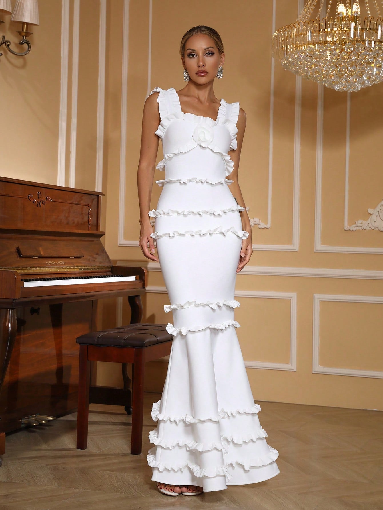 Women ruffled backless square neck bandage fishtail evening dress 8