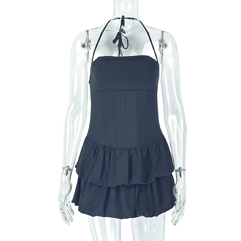 Elegant Sexy Low-Back Halter Neck Pleated A-Line Dress for Women 10