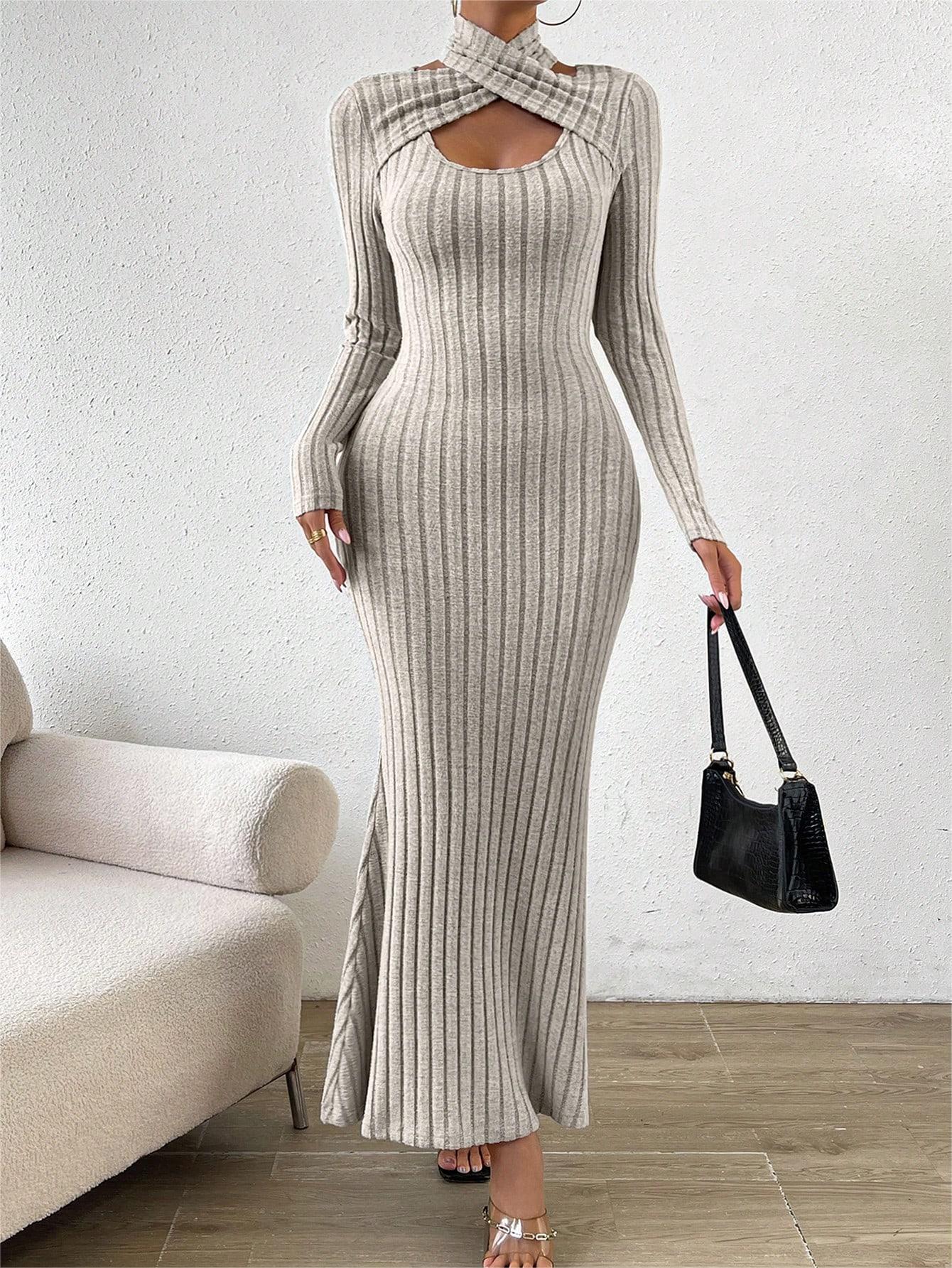Elegant Solid Color Hollow Long Sleeve Fishtail Long Dress 8