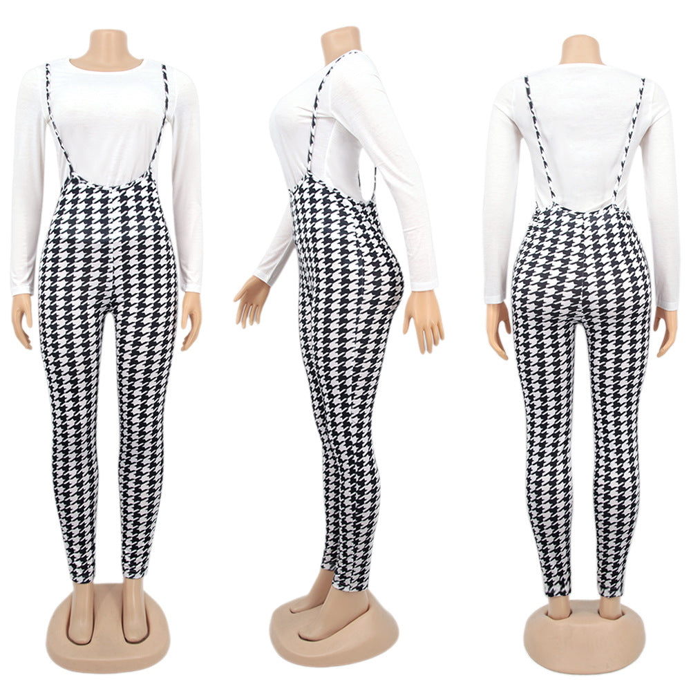 Spring Printed Long-Sleeved Slim Fit Women's Strap Casual Two Piece Pants Set 12