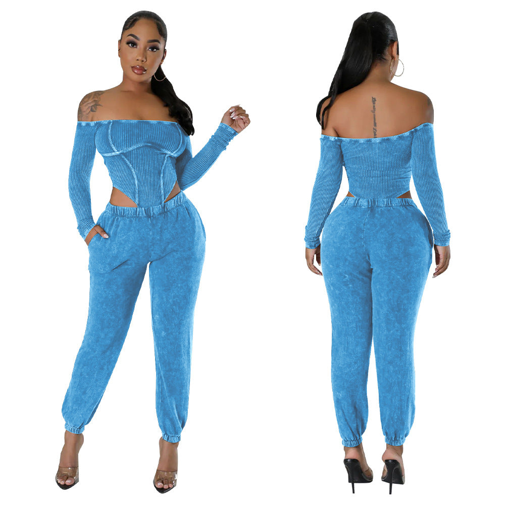 Fashion Women's Off Shoulder Long Sleeve Bodysuit Pants Two Piece Set 4