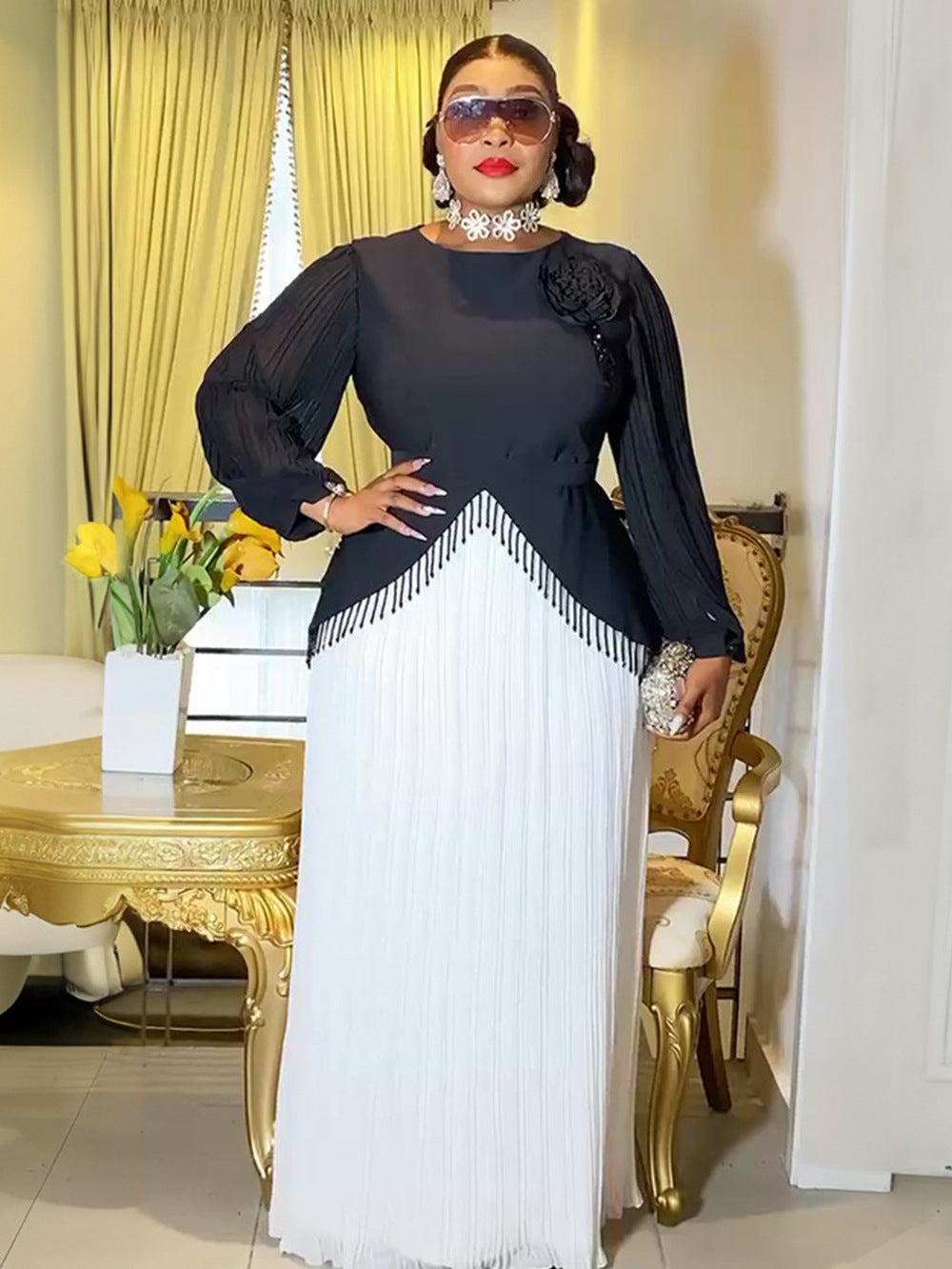 Africa Plus Size Women's Long Sleeve Elegant Pleated Formal Party Gown 6