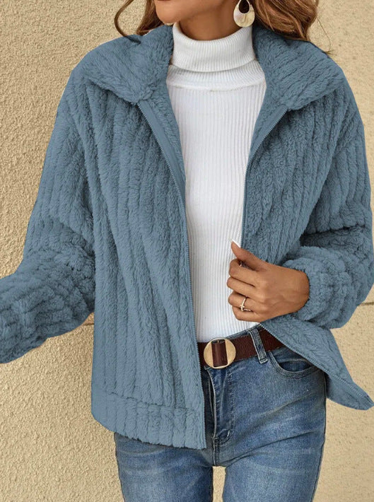 Women's Autumn and Winter Ribbed Plush Cardigan Turndown Collar Jacket 12