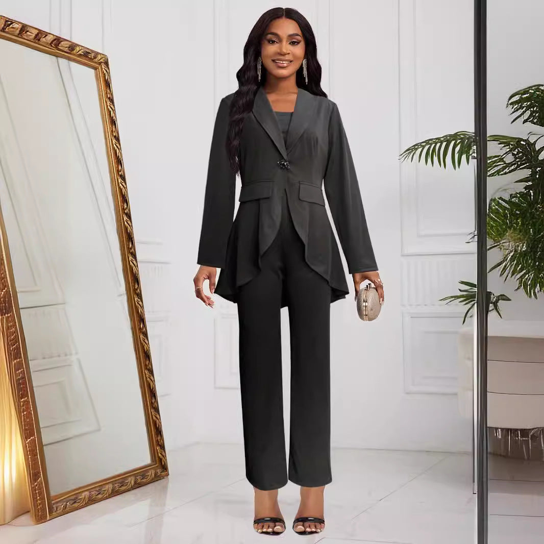 Stylish Solid Color Long Jacket Strap Jumpsuit Two-Piece Set 7