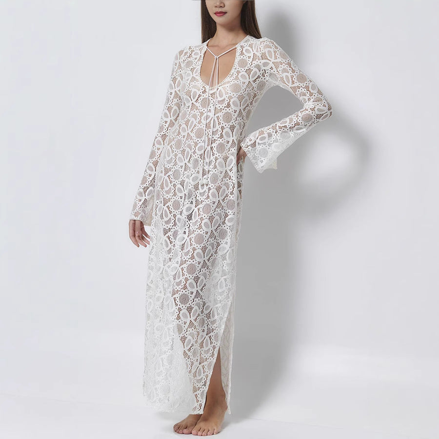 Spring Summer Long-Sleeved See-Through Lace Loose Holidays Slit Dresses 4