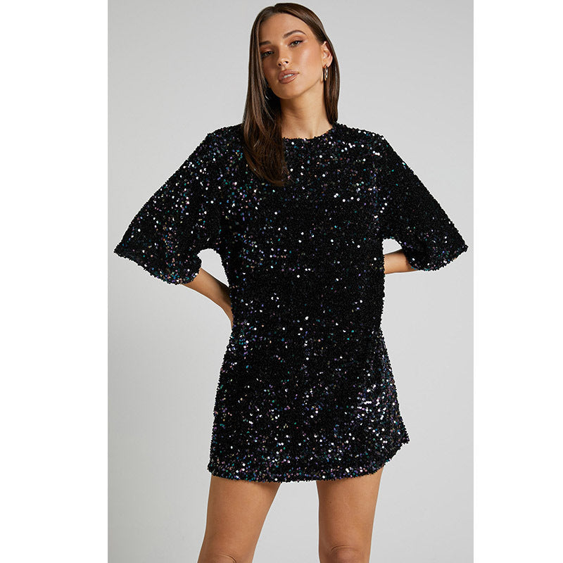 Autumn Winter Sequin Fashion Loose Short-Sleeved Dress 8