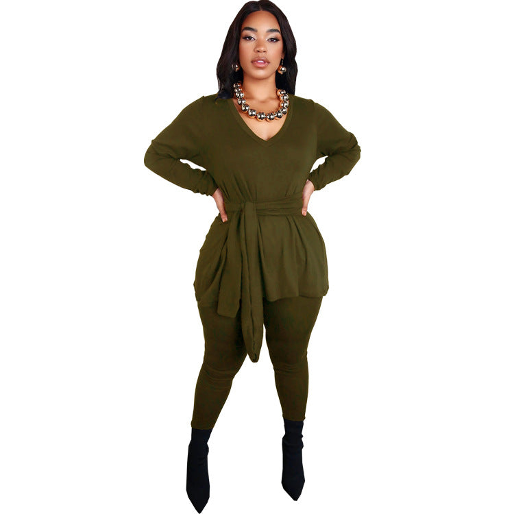 Women Fall and Winter Lace-up Top Long Pants Casual two-piece set