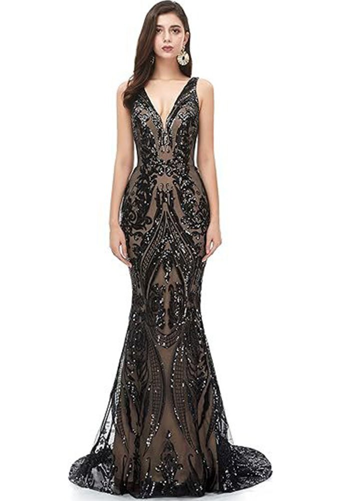 Women Sleeveless Sexy V-Neck Formal Party Sequin Evening Dress（Processing time need 3-6 days）