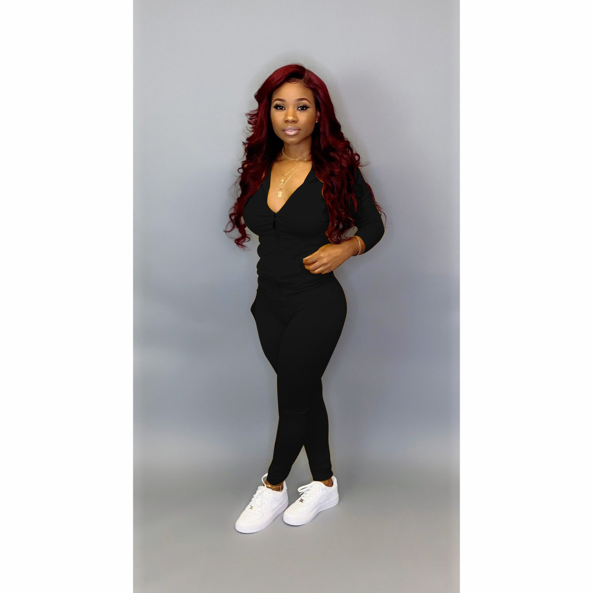 Women's Autumn Style Hat Pocket Zipper Fashion Casual Sport Two Piece Set 7