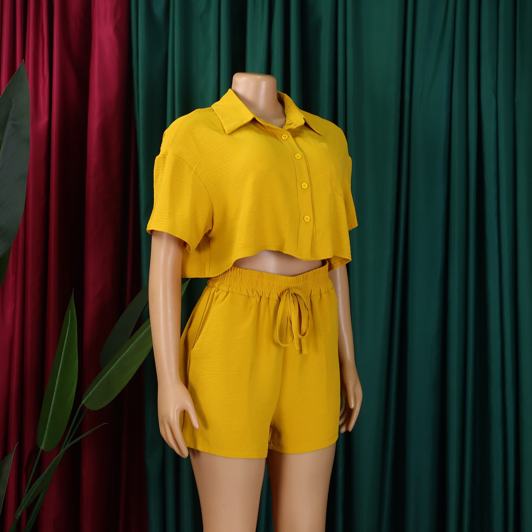 Women's Summer Casual Turndown Collar Short Sleeve Shirt Shorts Fashionable African Two Piece Set 14