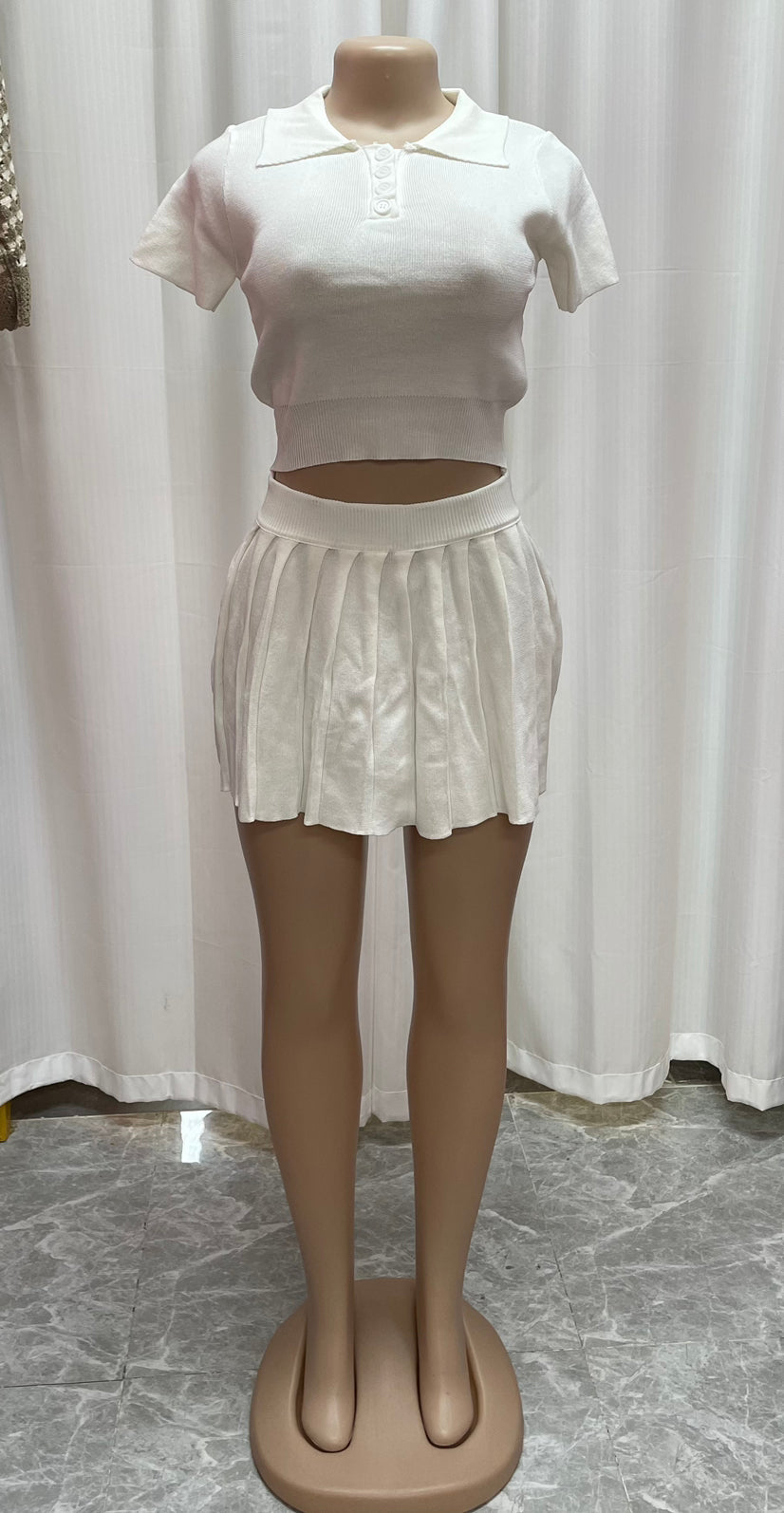Women's Fashion Summer Knitting Turndown Collar Short Sleeve Top Pleated Skirt Two-Piece Set 6