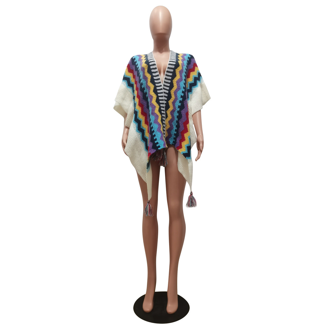 Women Autumn and Winter Geometric Knitting Crochet Tassel Cardigan Cape Jacket 13