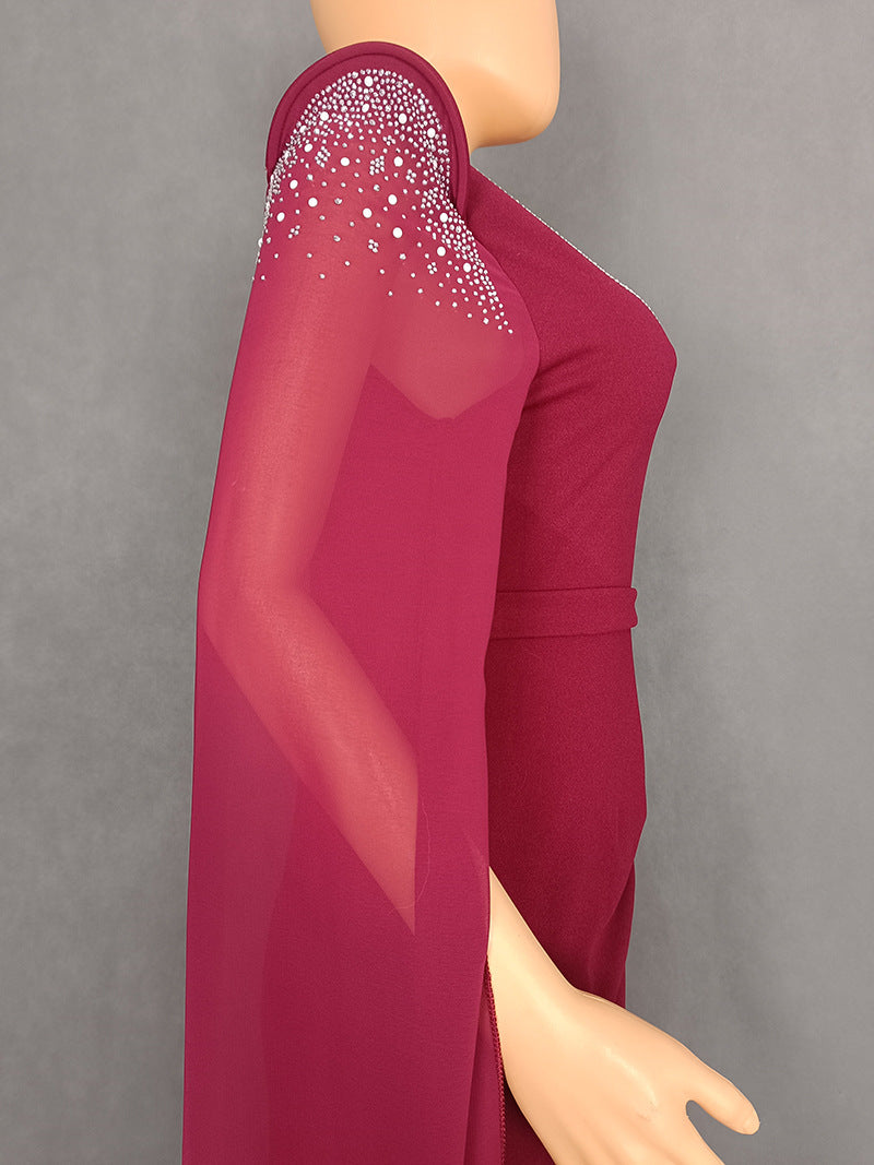 Women Elegant Slash Shoulder Beaded Evening dress 14