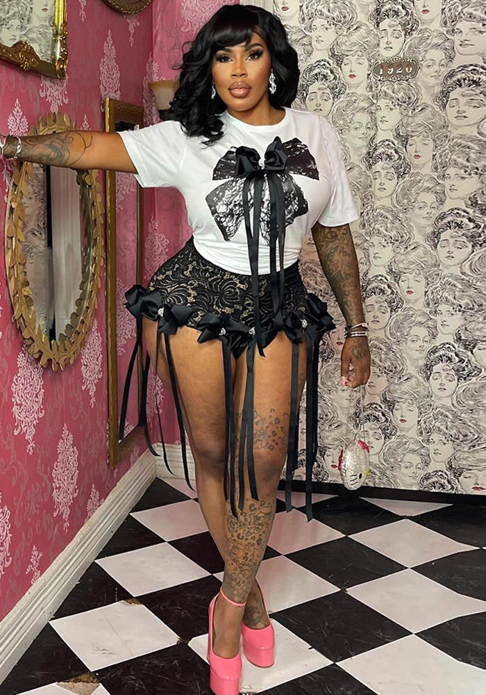 Sexy Bow Short Sleeve Top Lace Trend Shorts Women Two Piece Set