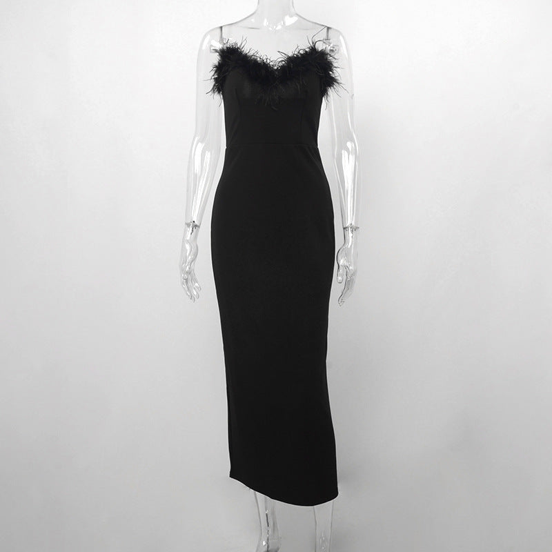 Spring Feather Deep V Sexy Tight Fitting Fashion Dress 12