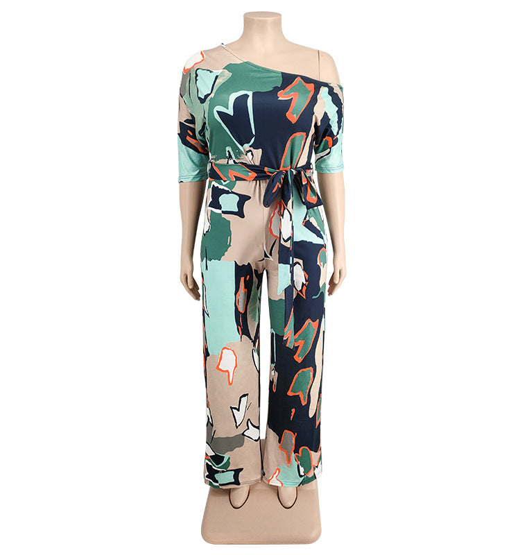 Plus Size Women summer Slash Shoulder print Jumpsuit with belt 20