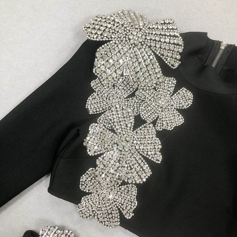 Women Sexy Elegant Beaded Long Sleeve Top and Long SkirtTwo Piece Set 11