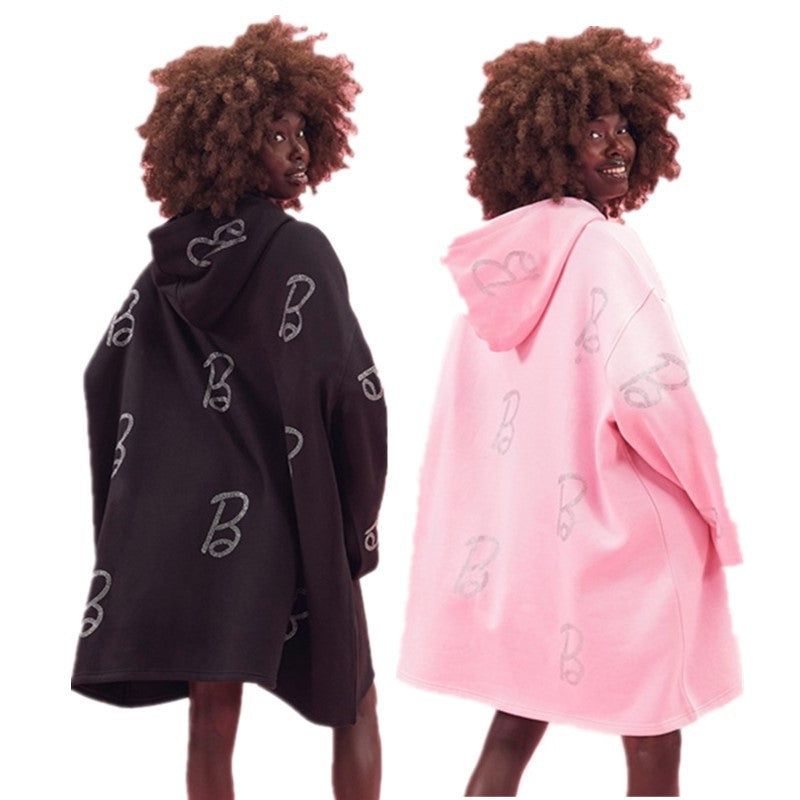 Women Hooded Long Sleeve Fleece Loose Casual Beaded Dress 7