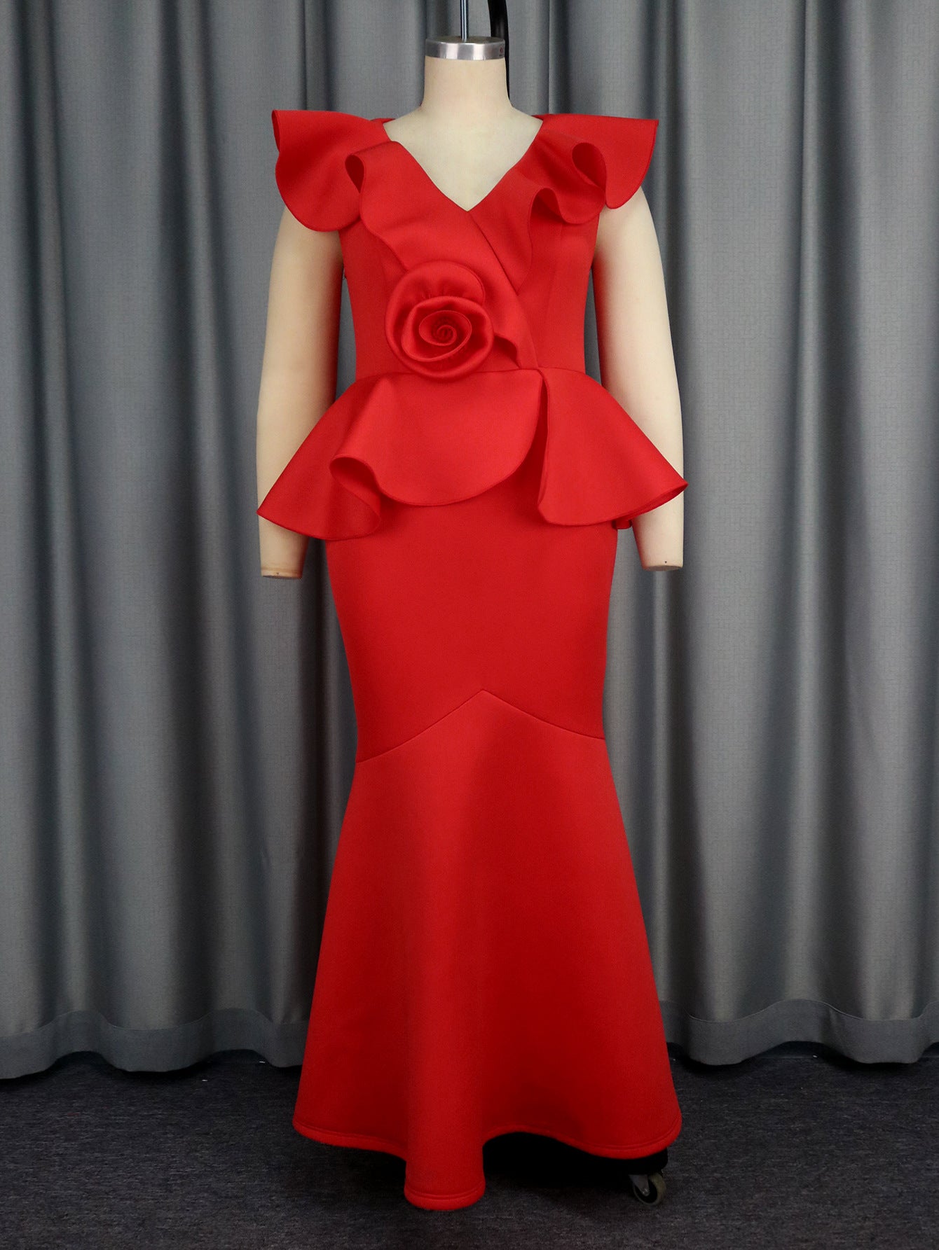 Spring Summer V-Neck Ruffle Fishtail Elegant Formal Party Dress