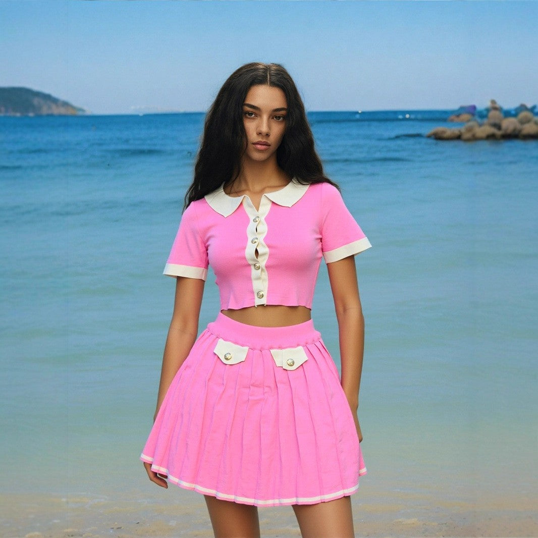 Fashion Turndown Collar Metal Button Cardigan & Pleated Skirt Knit Set 11