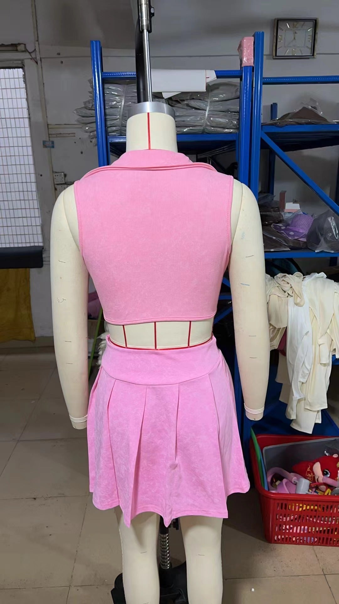 Women Sexy Summer Turndown Collar V-Neck Ribbed Short Top Mini Skirt Two-Piece Set 10