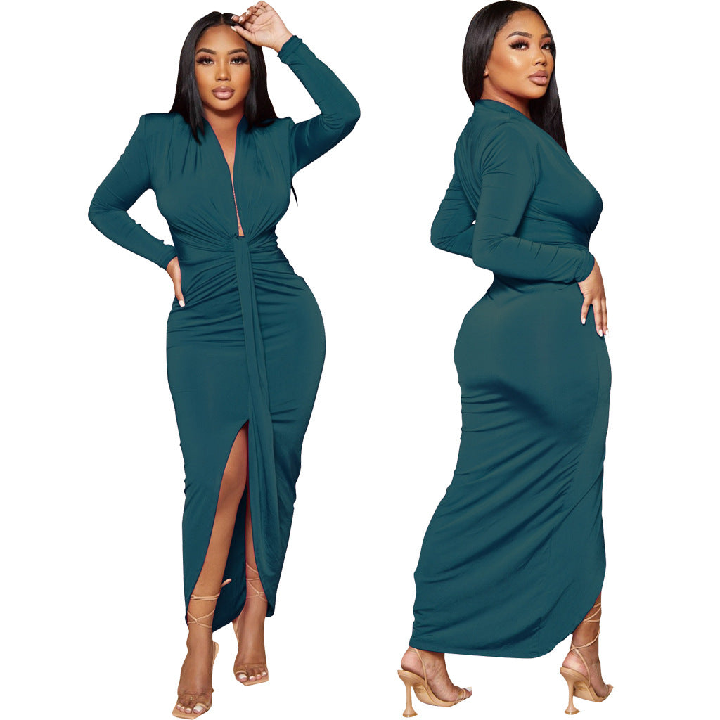 Women Sexy Deep V Neck Belt Slit Dress 7