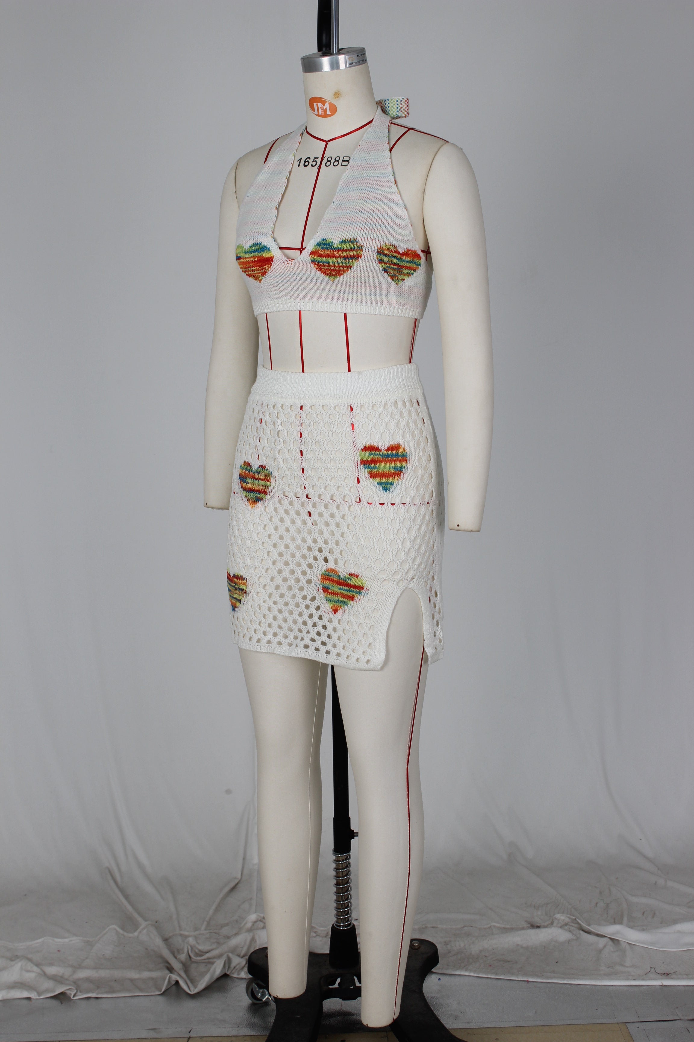 Women's Sexy Heart Print Jacquard Hollow Knitting Beach Fashion Two Piece Skirt Set 31