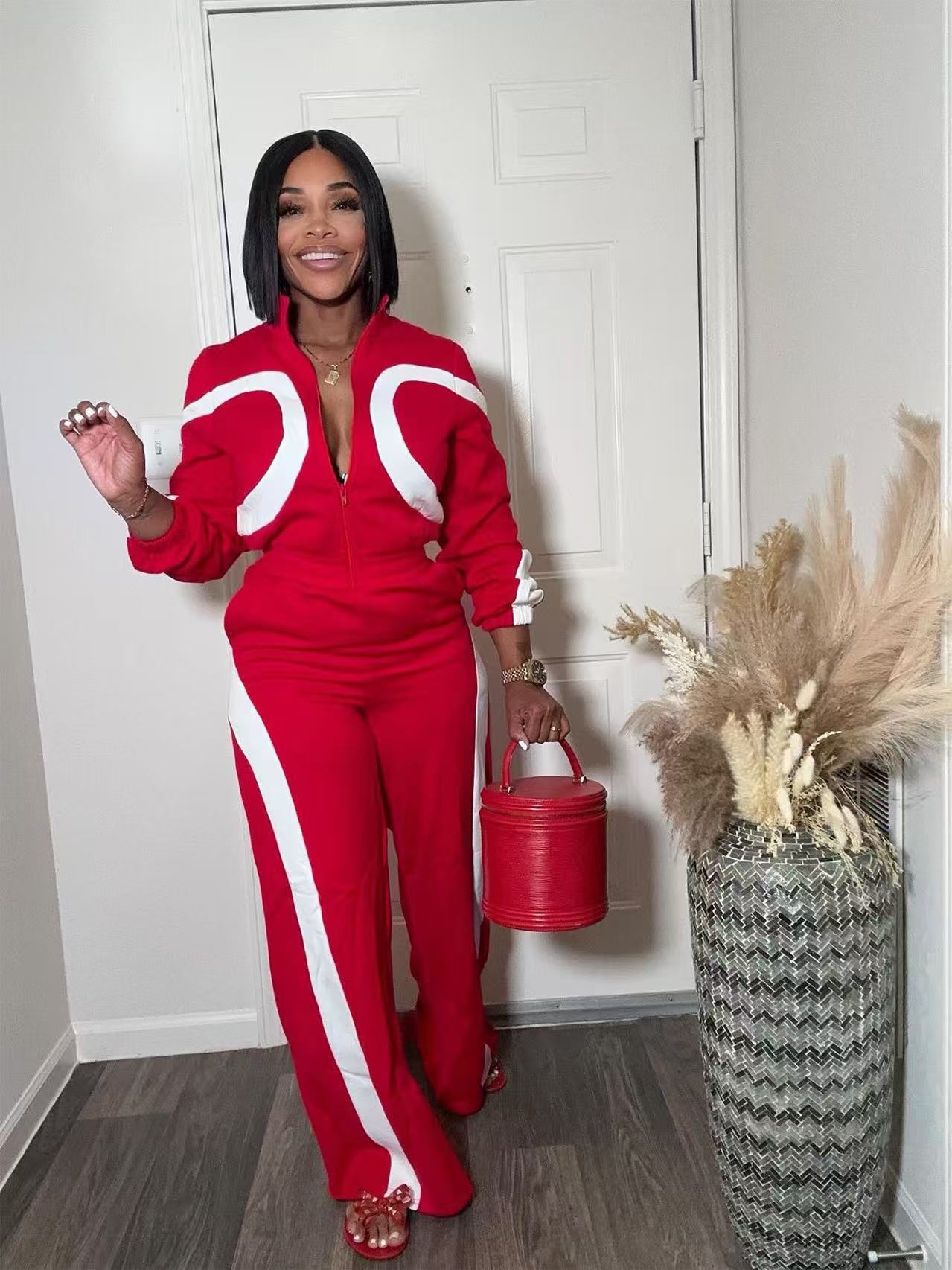 Women's Fashion Casual Sports Winter Color Block Zipper Elastic Waist Jumpsuit 10