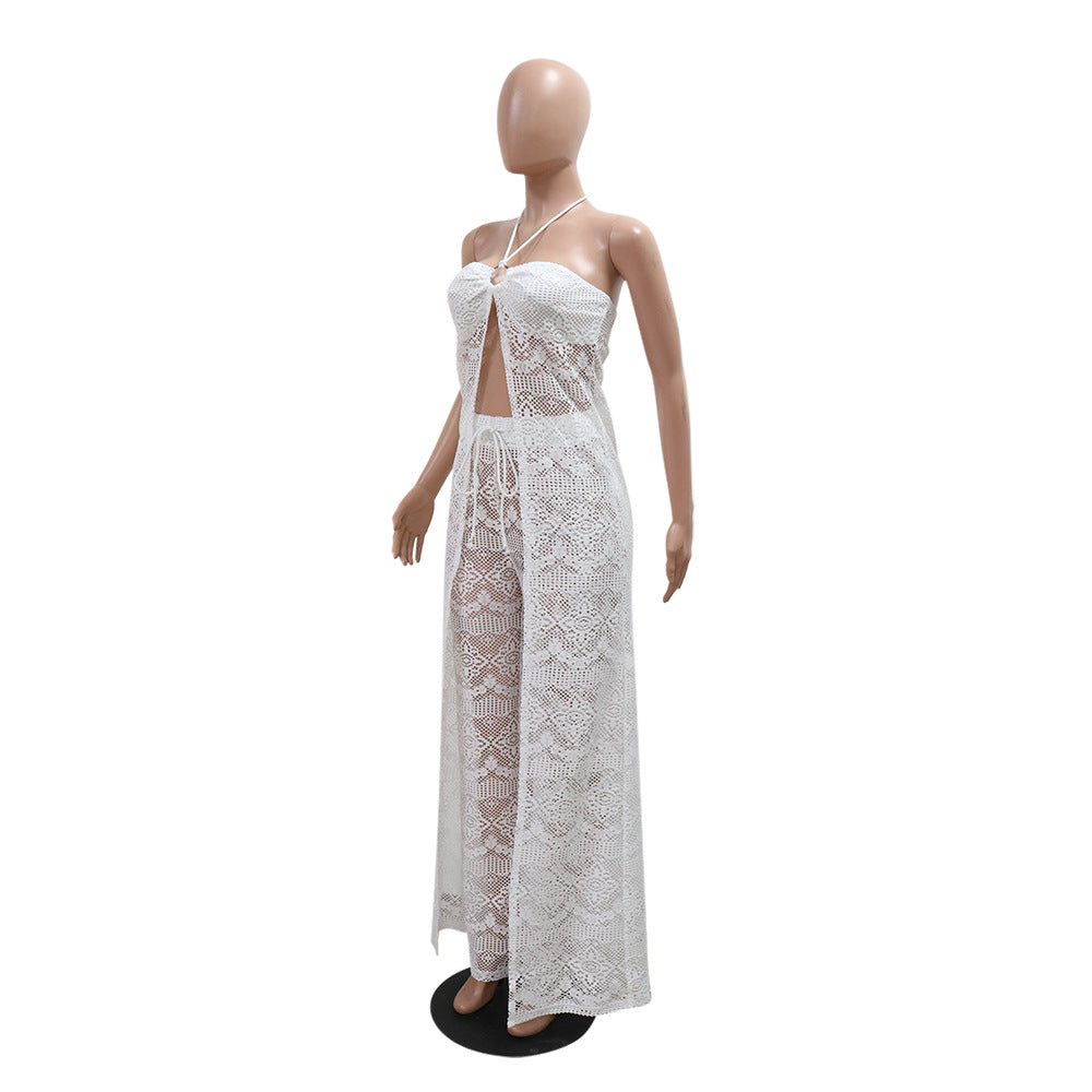 Women Sexy Lace-up Top and Wide-leg Pants Two Piece Set 10