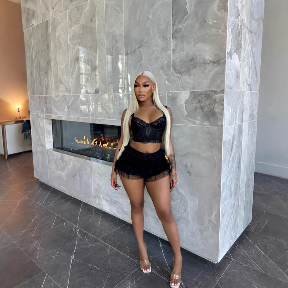 Plus Size Women Summer Sexy Lace Hollow Top and Skir Two-Piece Set 4