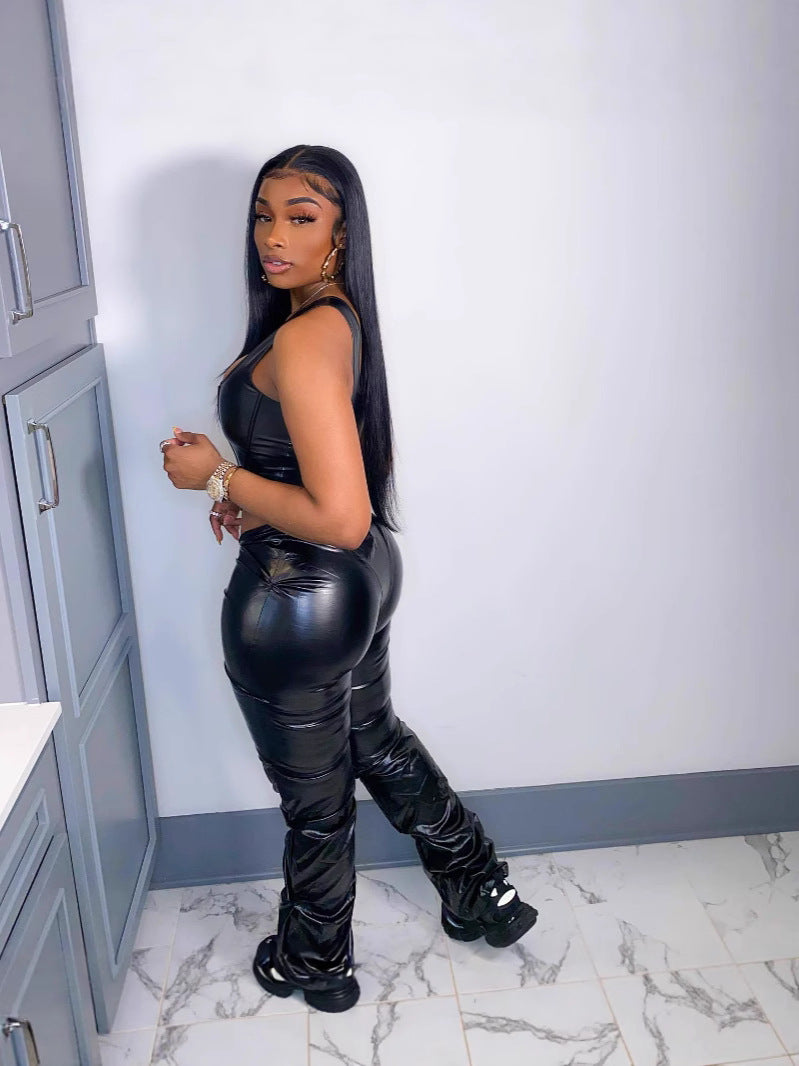 Women's Autumn Solid Color PU Leather Low-Rise Pants Sexy Slim Fit Casual Wear 3