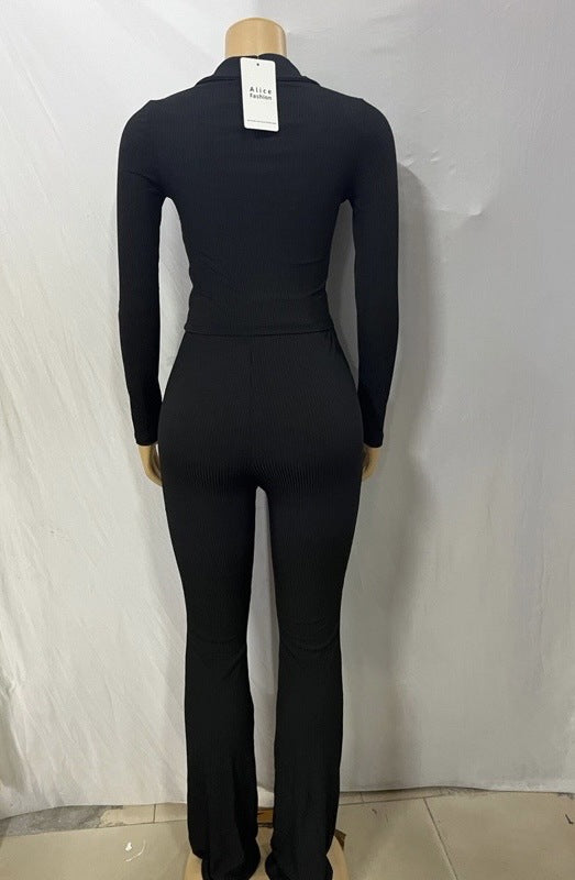 Women turndown collar knitting long sleeve top and Pants two-piece suit 9