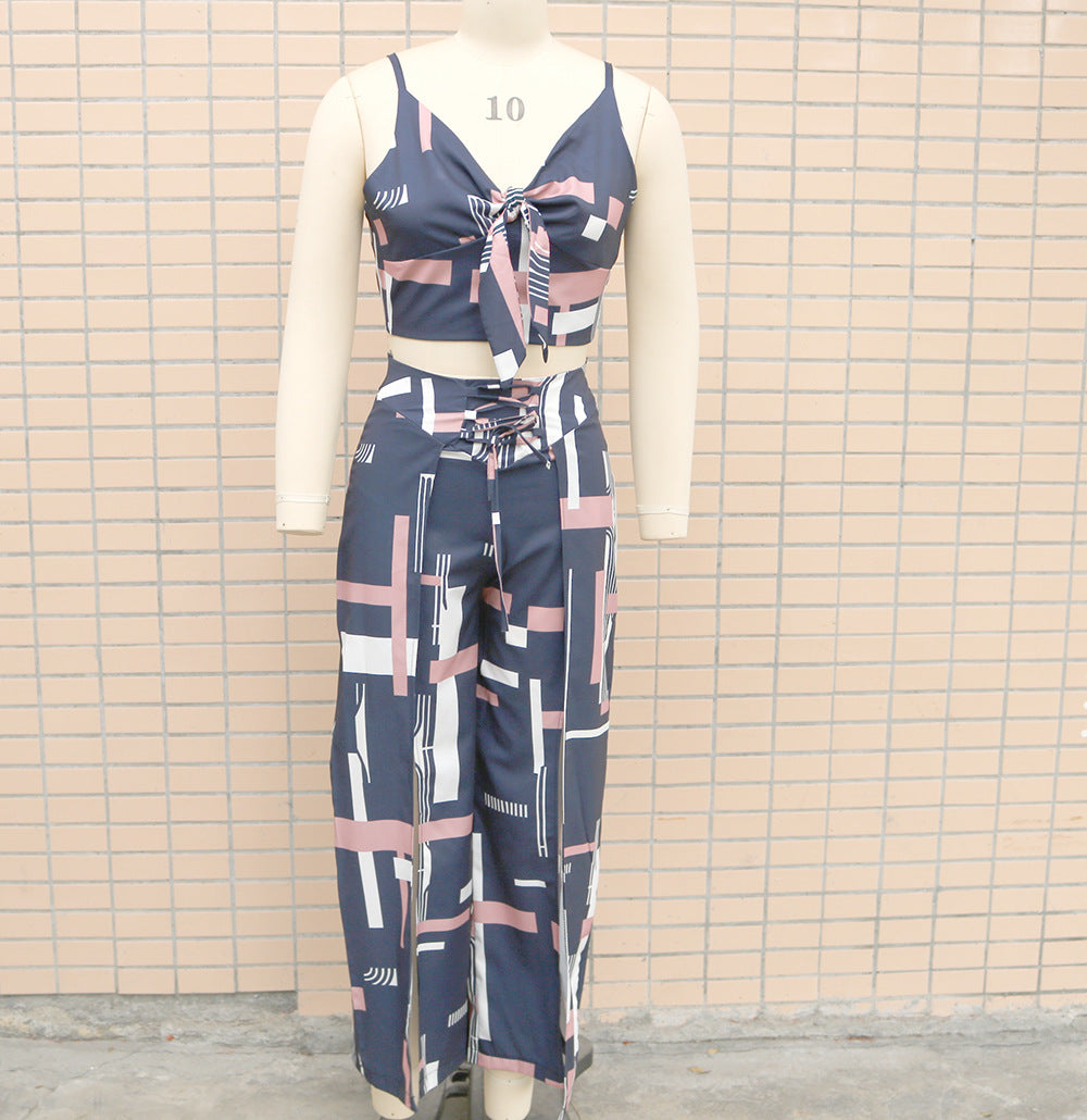 Women Printed Suspender Top and Wide Leg Pants Two-piece Set 11