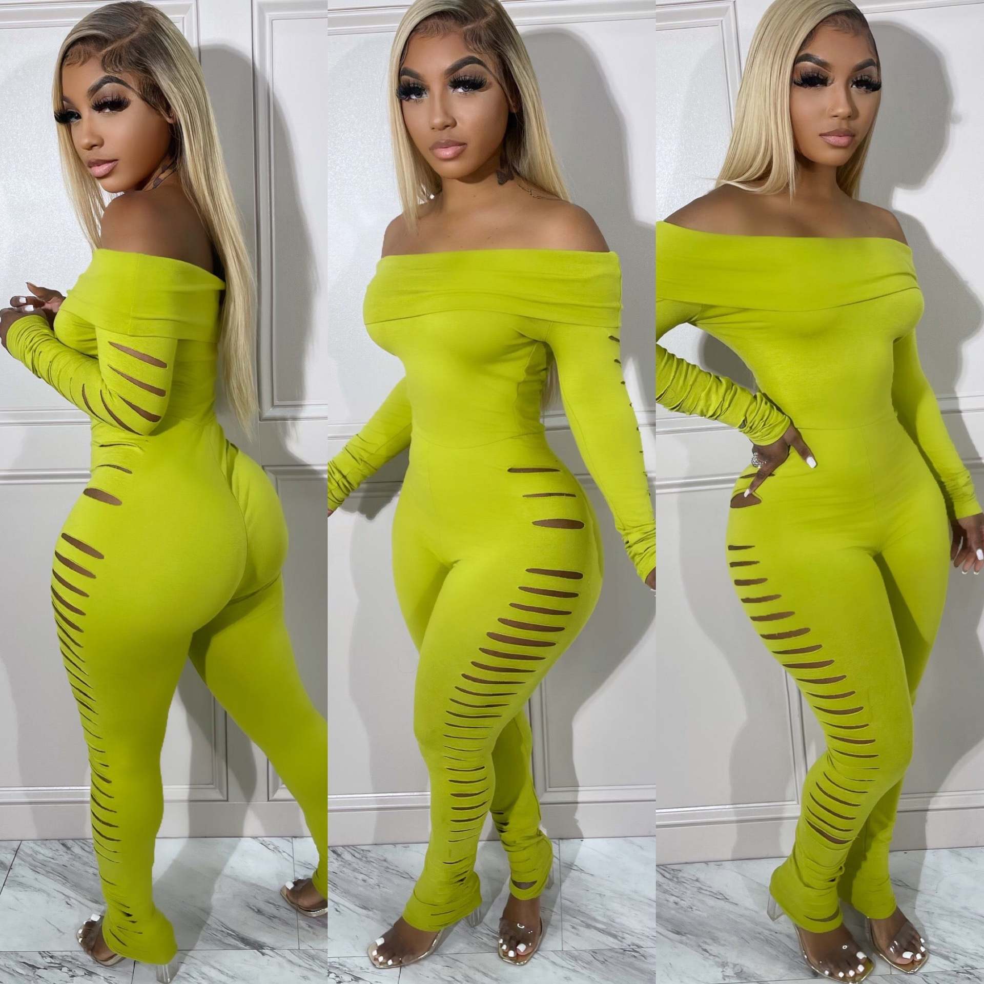 Women Off Shoulder long sleeve sexy Ripped Jumpsuit 4