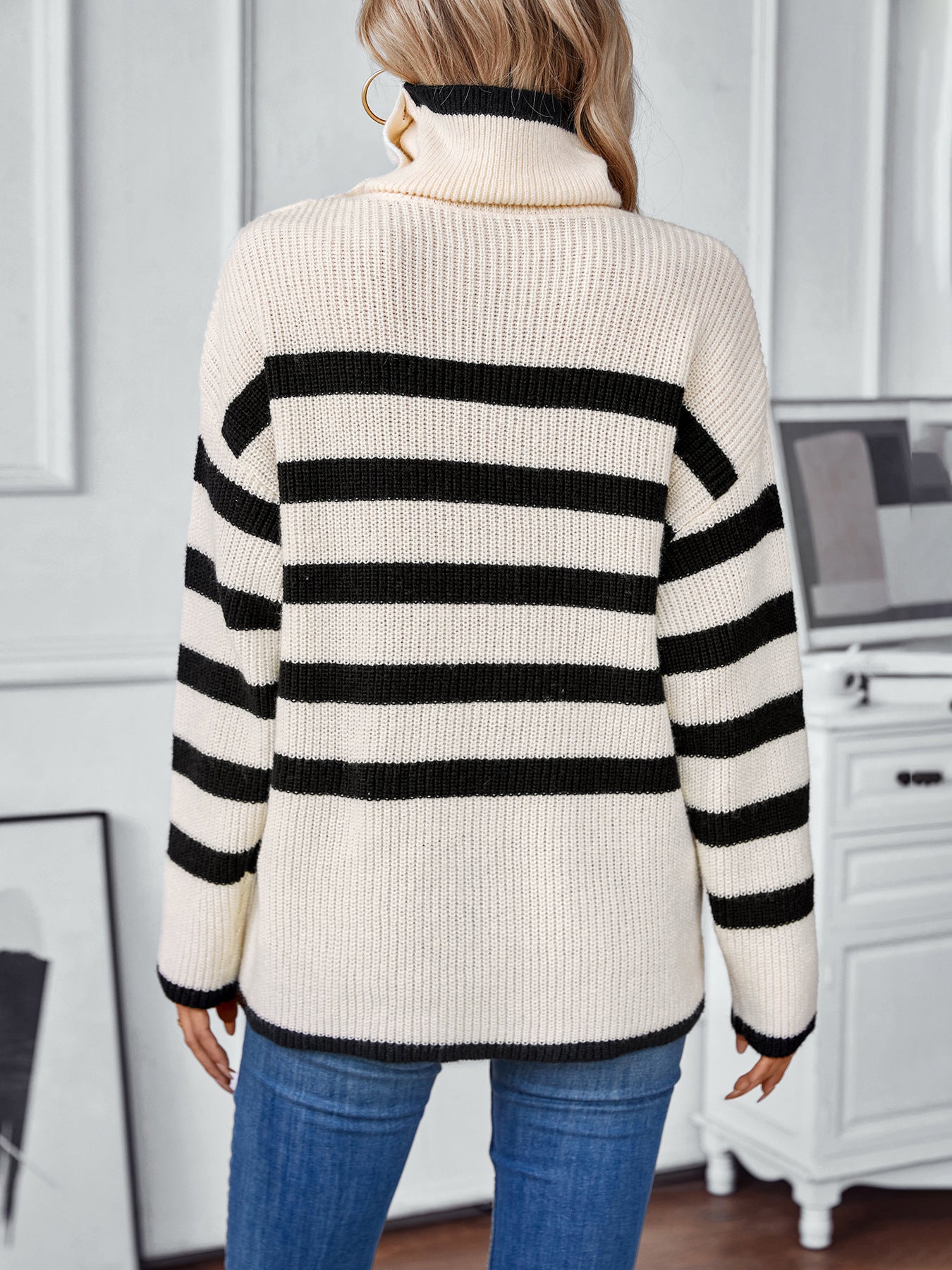 Striped Turndown Collar Pullover Ladies Women Knitting Shirt Autumn Winter Casual Button Sweater 3
