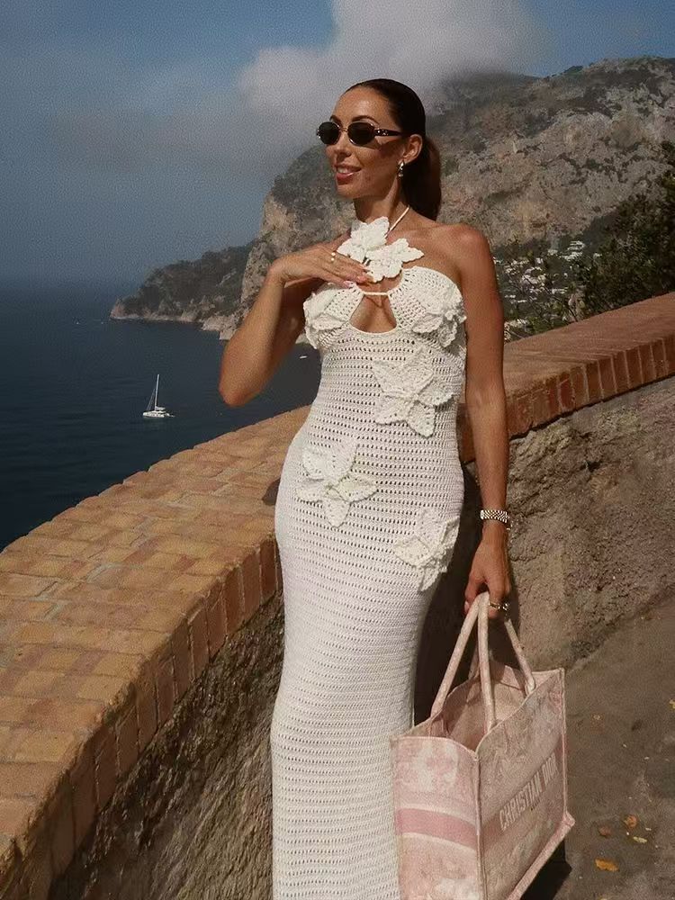 Women autumn Soid flower strap off-shoulder see-through dress 3